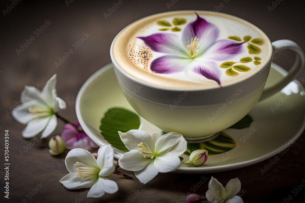 Latte art on coffee or tea cup in shape of orchid flower, Generative Ai