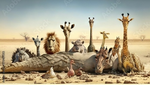  a group of giraffes, zebras, and other animals standing in a desert area with a large crocodile in the foreground. generative ai