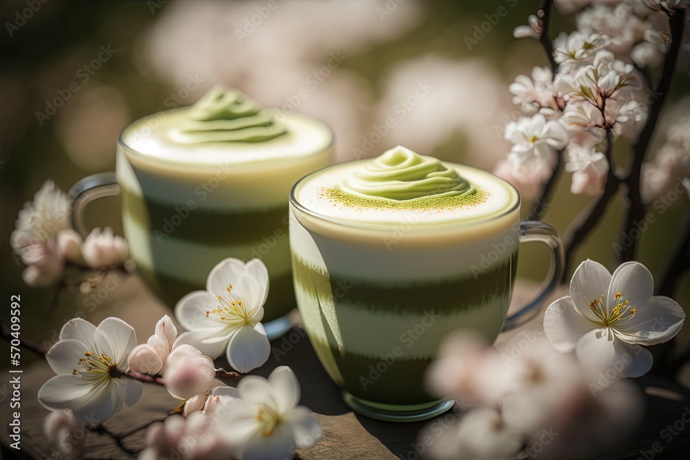 Obraz premium Artistic beautiful romance two cups of green tea or coffee with cherry blossom flower branch, spring season and national spring festival theme drink, idea for background or wallpaper, generative Ai