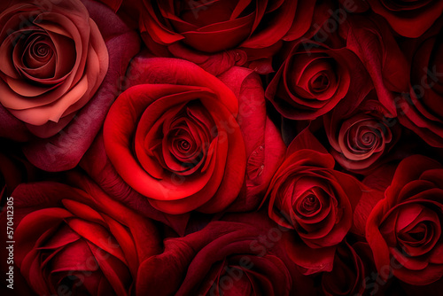 Red roses. Background full of multiple red roses  top view. Fresh dark red rose close up texture for St. Valentine s Day or Sant Jordi. Rose blossom. Generative AI.