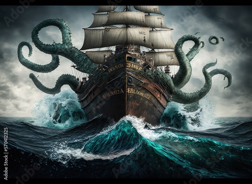 ship and kraken at sea photo