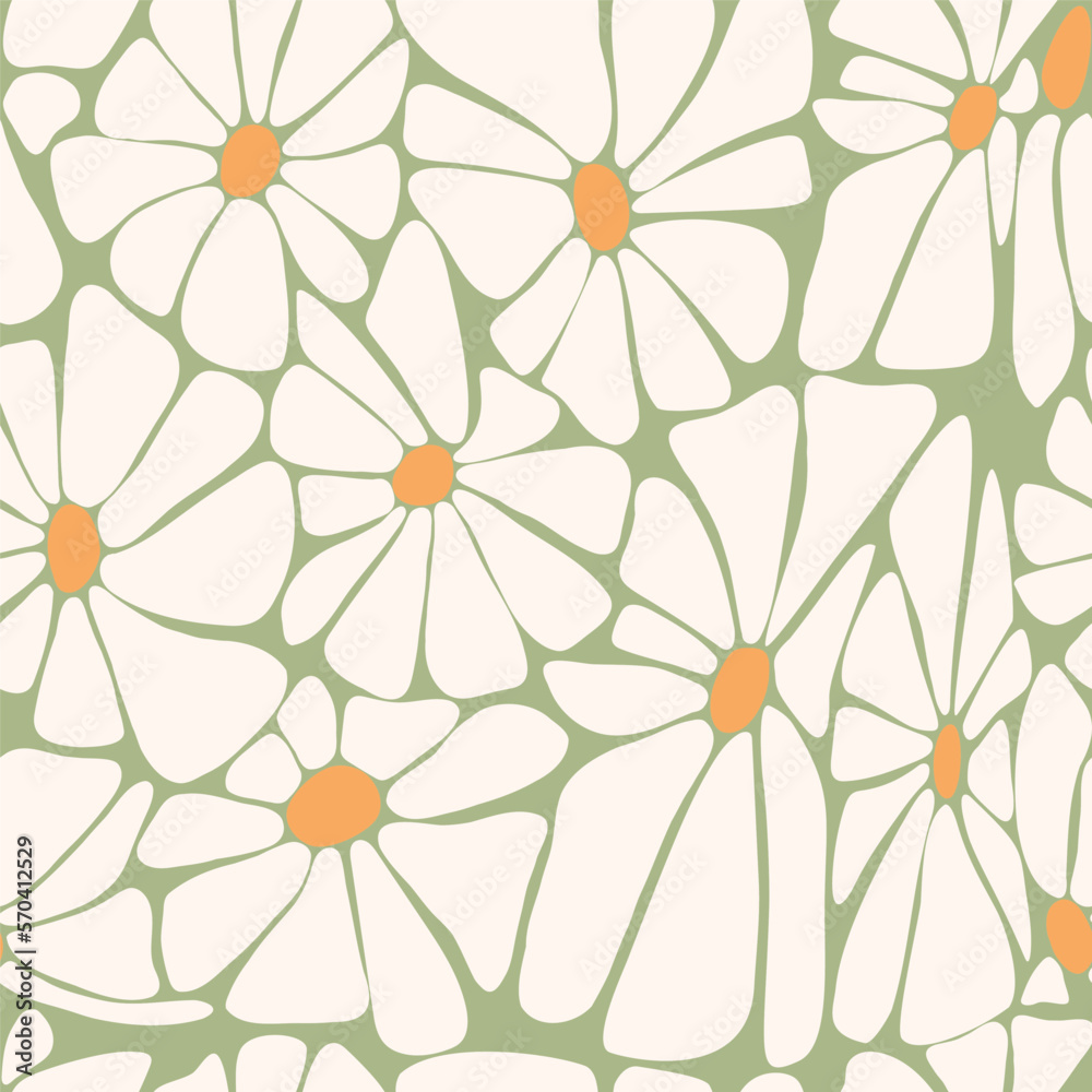 Retro floral seamless pattern with Groovy Daisy Flower daisies on green background. Vector Illustration. Abstract Aesthetic Modern Art for wallpaper, design, textile, packaging, decor