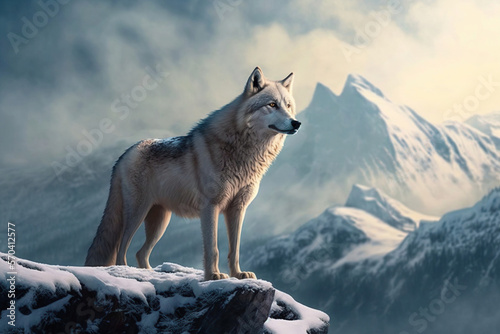 A white wolf on a mountain rock in winter  generative AI