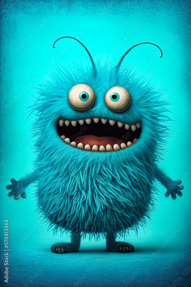 Cute happy monster smiling. Kawaii furry friendly blue monster with big eyes, open mouth on blue background. Kids fluffy cartoon creature for baby products logo, packaging, 3D render illustration