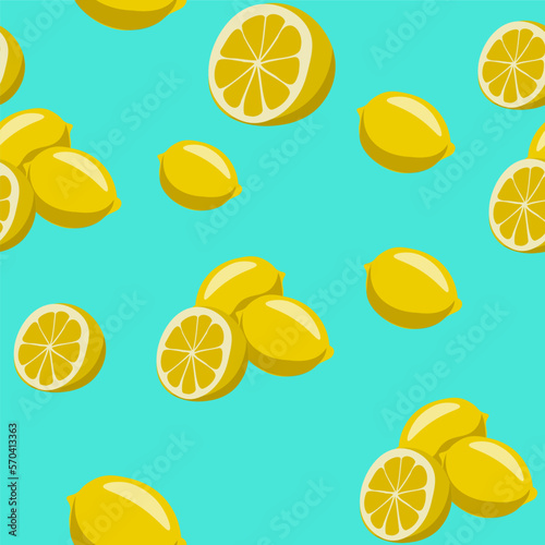 seamless pattern of Lemons on a green background. two lemons and half a lemon. Fruit isolated in a simplified style. vector image. 