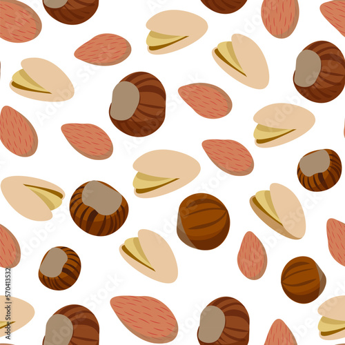 seamless pattern of almonds, pistachios and hazelnuts lie in bulk. several nuts on an isolated background in the style of semi-realism. vector image. 