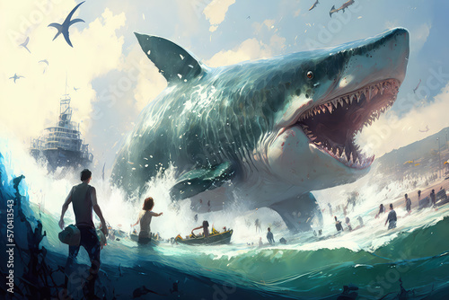 illustration painting of giant shark attacks people in the sea  ai generated 