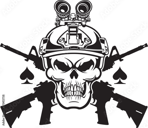 military skull wearing helmet with night vision goggles and crossed assault rifles photo
