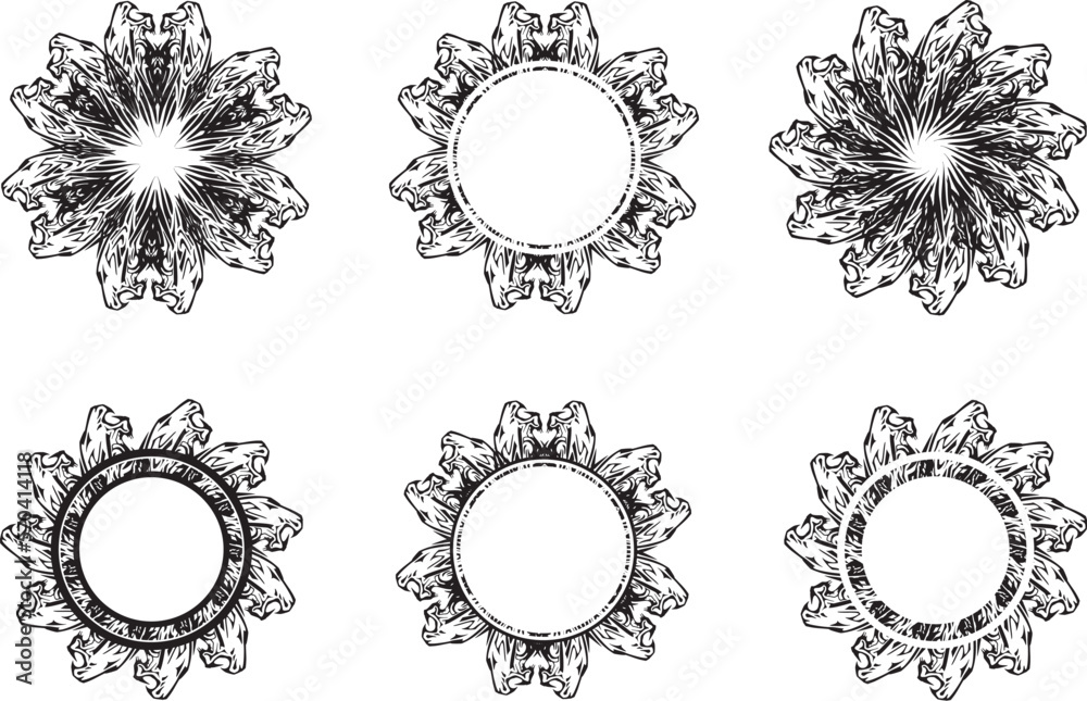 Black and White frames or flowers created by tiger heads. Circle shapes for textiles, fashion trends, covers, fabric products, sport emblems, logos, engravings, banners, graphic on the vehicles, etc. Black and White frames or flowers created by tiger heads. Circle shapes for textiles, fashion trends, covers, fabric products, sport emblems, logos, engravings, banners, graphic on the vehicles, etc.