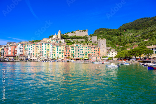 View of City Porto Venere - Harbor at beautiful coast scenery - travel destination of Province of La Spezia - Italy