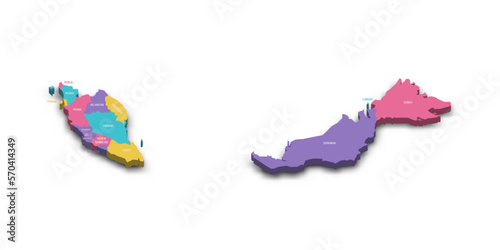 Malaysia political map of administrative divisions - states and federal territories. Colorful 3D vector map with dropped shadow and country name labels.