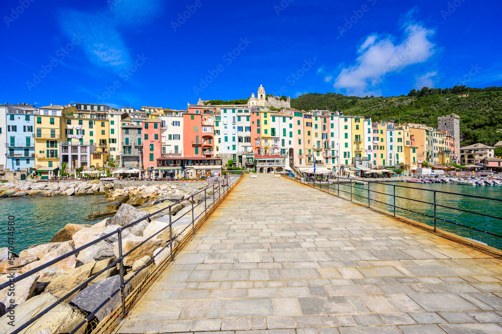 View of City Porto Venere - Harbor at beautiful coast scenery - travel destination of Province of La Spezia - Italy