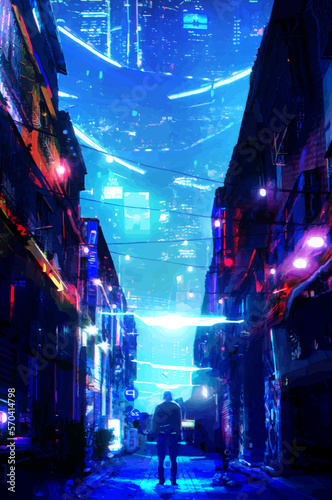 cyberpunk background ci fi city a man standing in the lighting road of cyberspace buildings with neon light digital art 