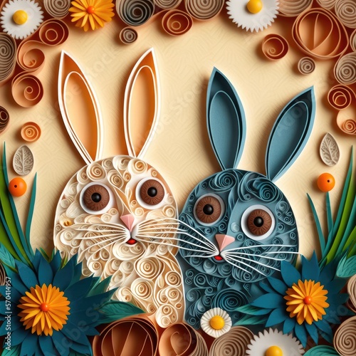 papercut of bunnies with eggs