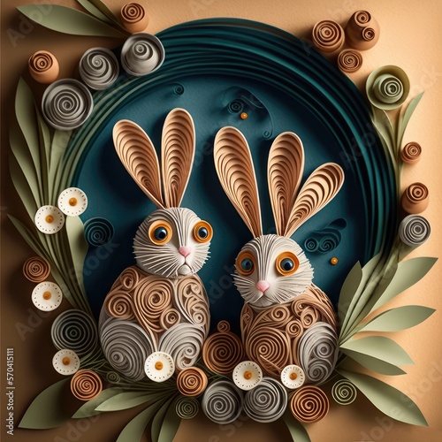 papercut of bunnies with eggs