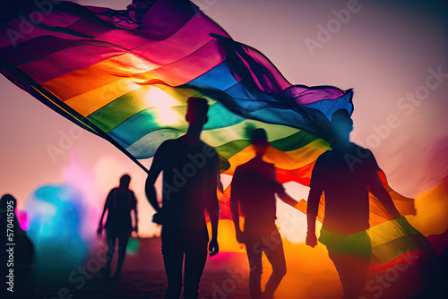 Motion blurred image of gay people holding gay rainbow flags - AI Generated