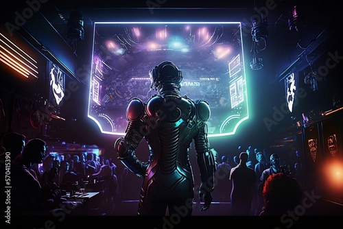 Futuristic nightclub with robots and cyborgs, neon lights, generative AI