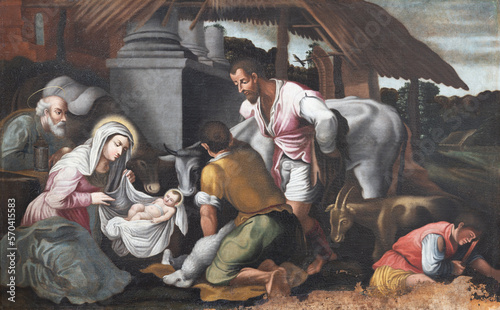 MATERA, ITALY - MARCH 7, 2022: The painting of Adoration of Shepherds in the church Chiesa di San Francesco Assisi by unknown artist.