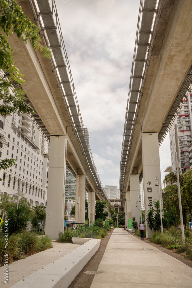 Underline Miami walking and biking path under the Miami Metrorail tram tracks Underline Miami walking and biking path under the Miami Metrorail tram tracks
