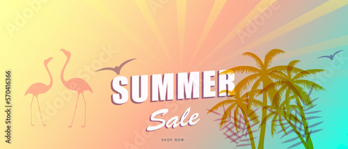 Summer sale banner background with palm tree. For web site, banner, flyer and placard template. Trendy summer backdrop for ad, label, cover, promotion materials and print. Summer sale concept, vector
