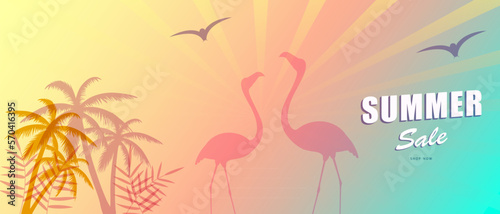 Summer sale banner background with palm tree. For web site, banner, flyer and placard template. Trendy summer backdrop for ad, label, cover, promotion materials and print. Summer sale concept, vector