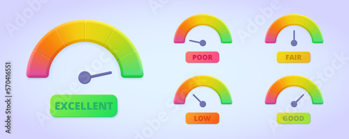 Credit rating icon collection. Poor, low, fair, normal, good, excellent credit score concept. 3d vector illustration set for web site, banner, landing page, print. Performance scale. photo