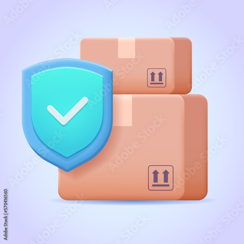 Parcel boxes and shield. Safe delivery, shipping insurance, safety guaranty, loss preventing concept. 3d vector icon for web site, banner, landing page, print. Package three dimensional illustration.