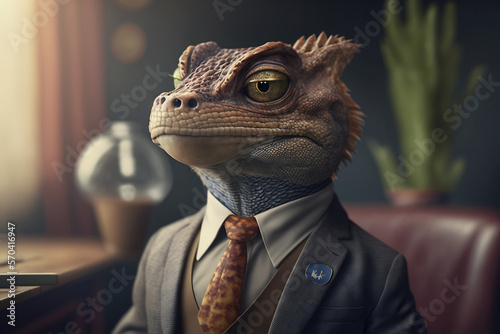 Portrait of a Lizard Dressed in a Formal Business Suit at The Office, Boss Lizard, Generative Ai