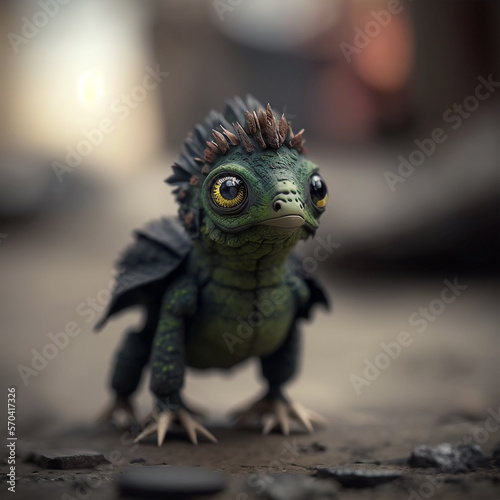 A Dystopian Tilt-Shift Portrait of a Tiny Radioactive Dinosaur with Enormous Eyes. Generative ai