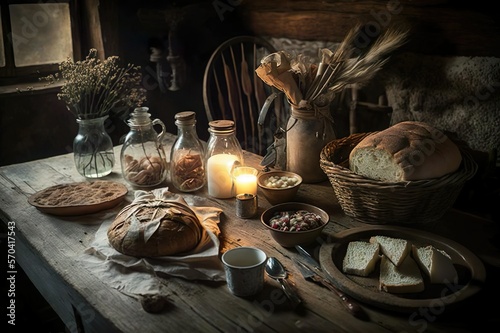 Breakfast or dinner with bread and milk on the table in a rustic interior by candlelight. ai generated.