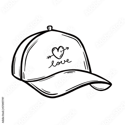 Doodle illustration of a baseball cap. Hand-drawn illustration of a fashionable stylish cap. Design for Valentine's Day love. Isolated on white background