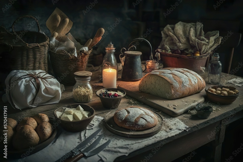 Breakfast or dinner with bread and milk on the table in a rustic interior by candlelight. ai generated.