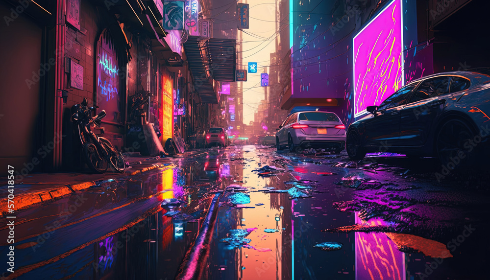 Generative AI, Night scene of after rain city in cyberpunk style,  futuristic nostalgic 80s, 90s. Neon lights vibrant colors, photorealistic  vertical illustration. 28891087 Stock Photo at Vecteezy