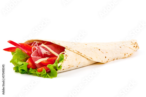Tortilla wrap with jamon, cheese and vegetables isolated on white background. photo