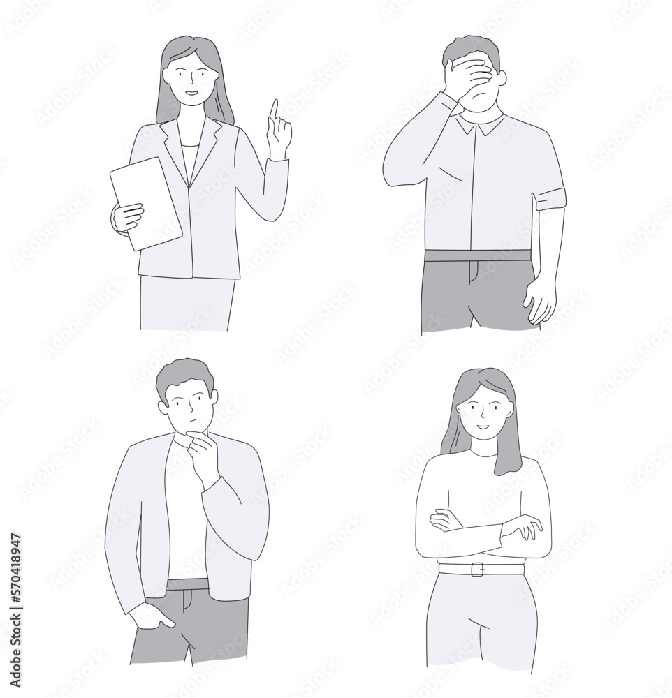 People think, make a choice, hold their head with their hand, express emotions. Gestures of men and women, students, manager. Vector graphics in linear style.