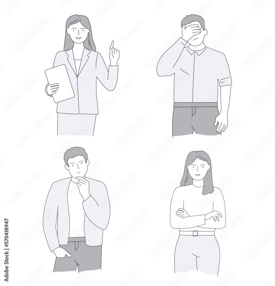 People think, make a choice, hold their head with their hand, express emotions. Gestures of men and women, students, manager. Vector graphics in linear style. People think, make a choice, hold their head with their hand, express emotions. Gestures of men and women, students, manager. Vector graphics in linear style.