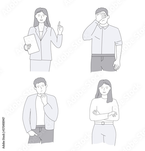 Fototapeta Naklejka Na Ścianę i Meble -  People think, make a choice, hold their head with their hand, express emotions. Gestures of men and women, students, manager. Vector graphics in linear style.