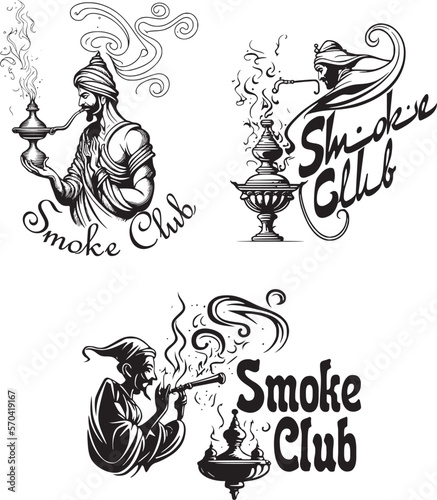 Collection of vector logos of smoking club with hookah and  the simbol of the spirit of the lamp of Aladdin - Genie