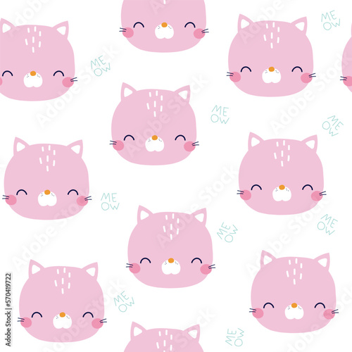 Funny pink kitten seamless pattern. Girlish cute print. Vector hand drawn illustration.