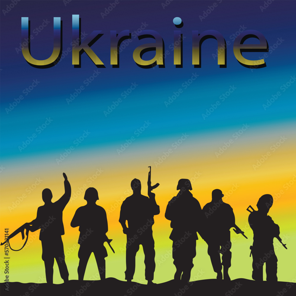 Fototapeta premium Ukrainian military against the background of the Ukrainian flag
