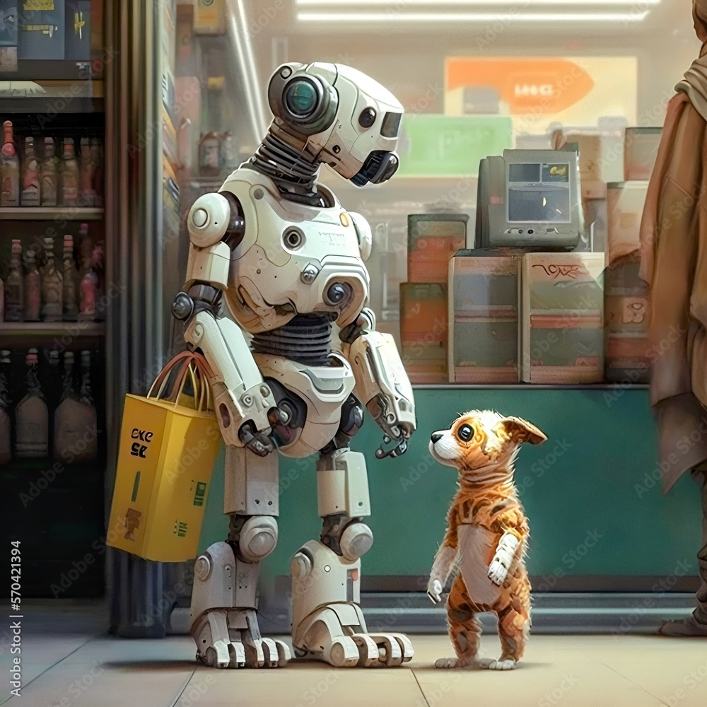 Fototapeta premium Robots in normal life. (Walking the dog)
