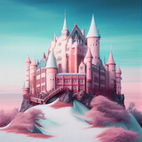 Fairytale dreamlike castle in pastel colors, magical and mystical medieval kingdom, generative AI 