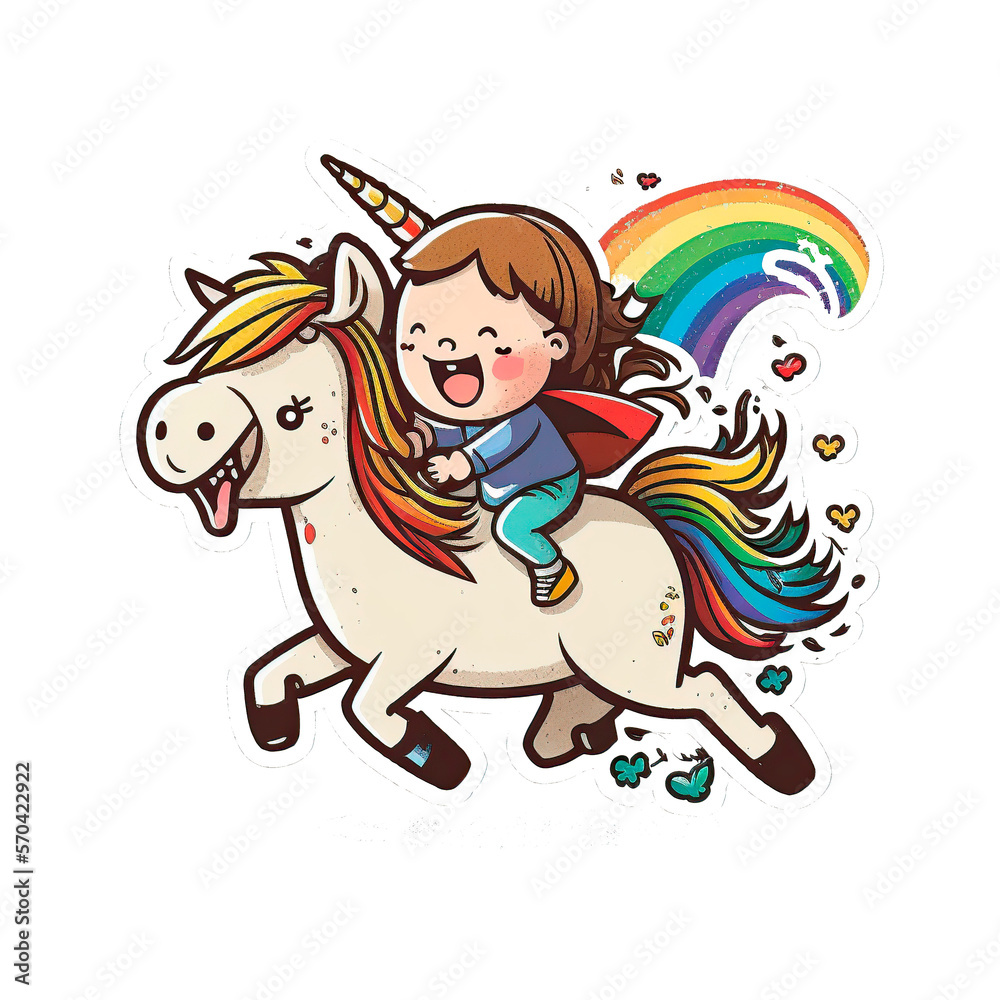 niña, unicornio, cartoon, dibujos animados, ilustración, diversión, niño,  animal, chistoso, sonrisa, niña montada en unicornio, bebé, mujer, gente,  png foto de Stock | Adobe Stock