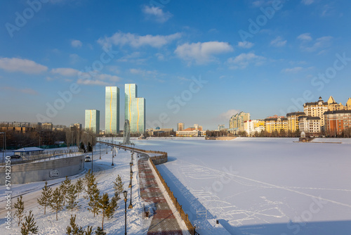 Modern residential buildings on sunny winter day, Nur-Sultan, Astana, Kazakhstan. High quality photo