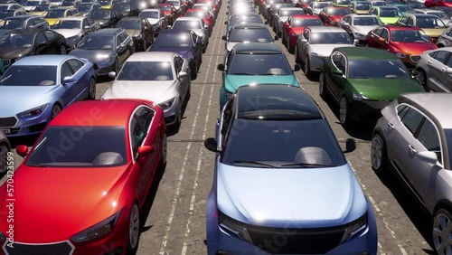 An aerial view over a used car lot full of unsold cars and vehicles.