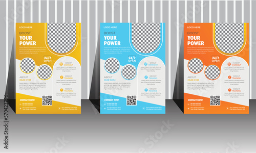 Color combo a4 fitness flyer. Creative, Professional and modern gym template. cleanly organized geometric leaflet template suitable for advertising your business to increase your customer.