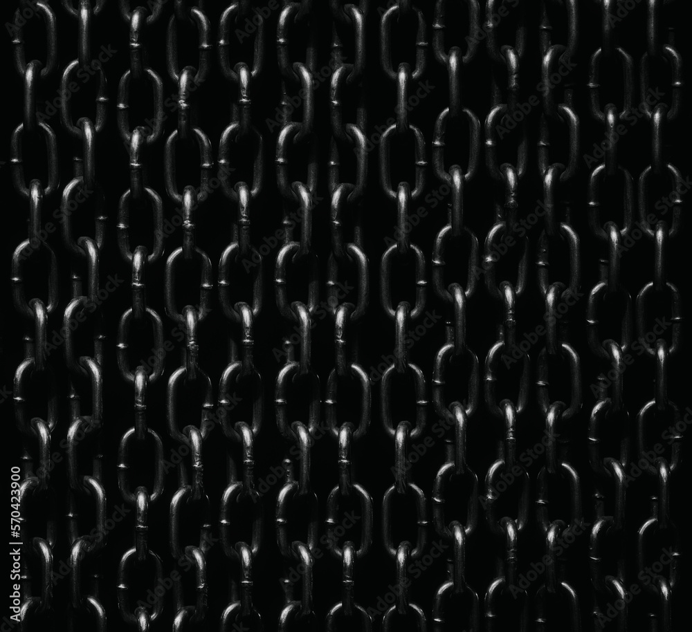 Obraz premium Chains isolated on black background. Background of chains on a black background. Anchor Chain. Curtain of old chain-link. Background of metal chains on black background, old used chain