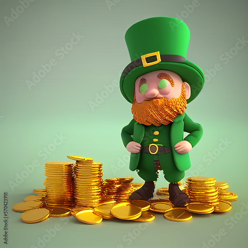 A leprechaun with a green hat and suit stands in front of a large pile of gold money. Cartoon 8k Saint Patricks Day idea