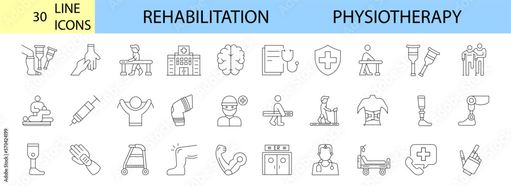 Physiotherapy, rehabilitation, prosthetics line icons set. editable stroke Vector illustration