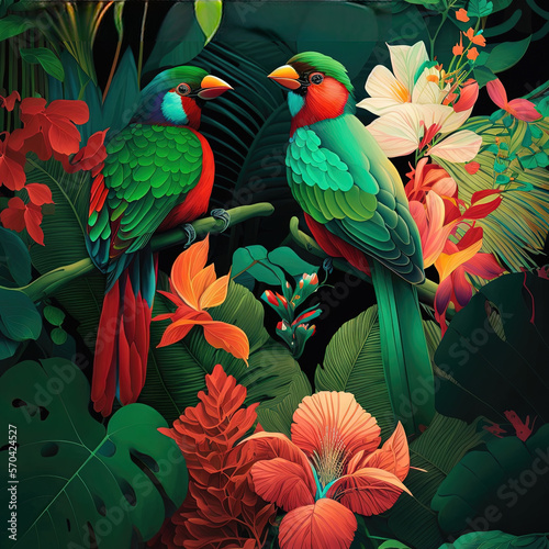 Forêt tropicale de Bali avec plusieurs oiseaux et fleurs colorés, plantes. Idéal pour les affiches, les papiers peints. © MiniMaxi